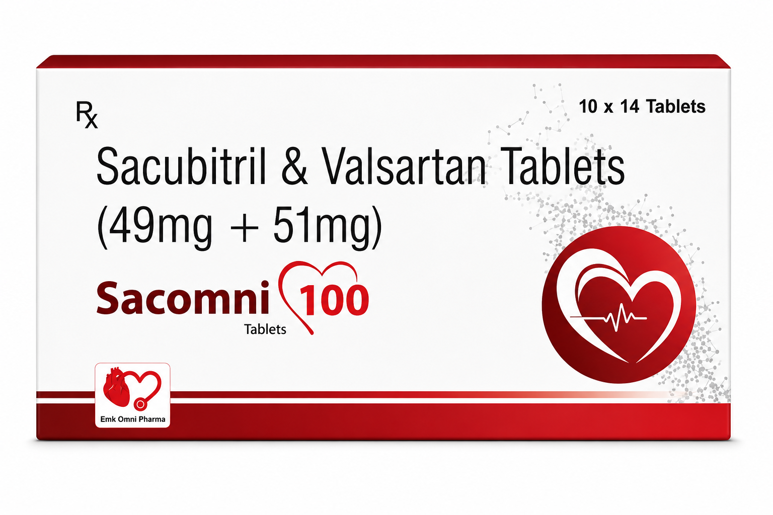 Sacomni-100 — 49 mg Sacubitril and 51 mg Valsartan as sodium salt complex, along with approved excipients | Uses, Composition, Dosage & Storage | EMK Omni Pharma